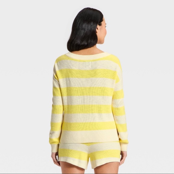 Women's Striped V-Neck Sweater Top - JoyLab™ Yellow/Cream Stripe M - Picture 2 of 12